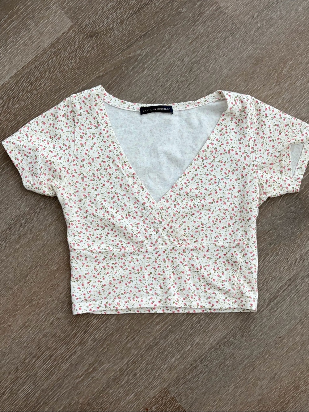Brandy Melville Ivory Floral V-Neck Cropped Tee
